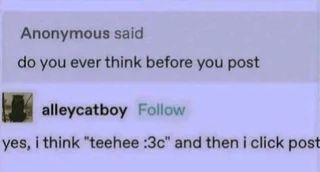 "Do you ever think before you post?"
"Yes. I think 'teehee :3c' and then I click 'post'"
