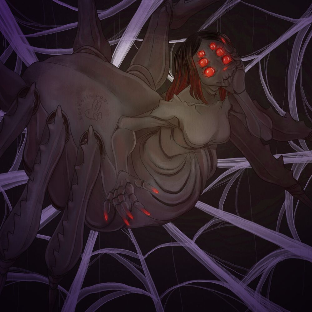 New spider girl sitting on a web looking at you 