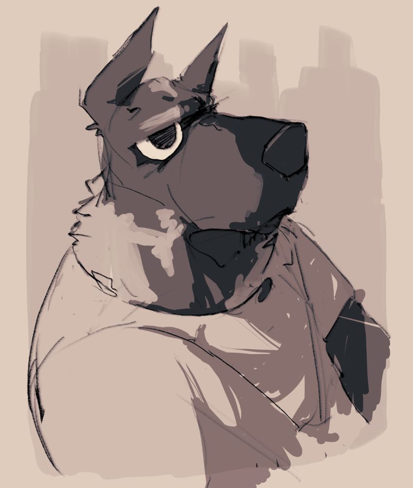 digital pencil sketch of rus looking to the right with gradient map