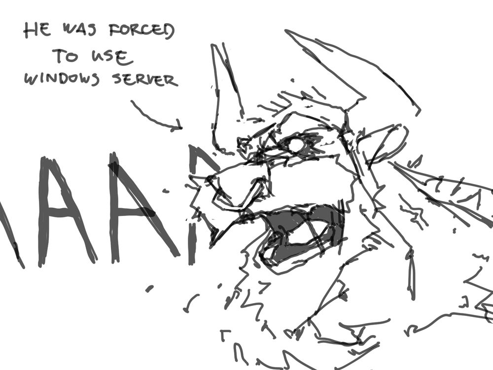 right: very sloppy drawing of oran howling in rage

top left: handwritten text "he was forced to use windows server" with an arrow pointing at his face