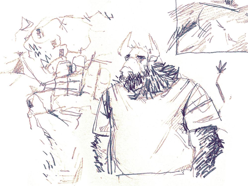 assemblage of little pencil drawings of oran

left: hands, wrist, fabric folds
center: the guy facing left
top right: barely visible tiny photo study