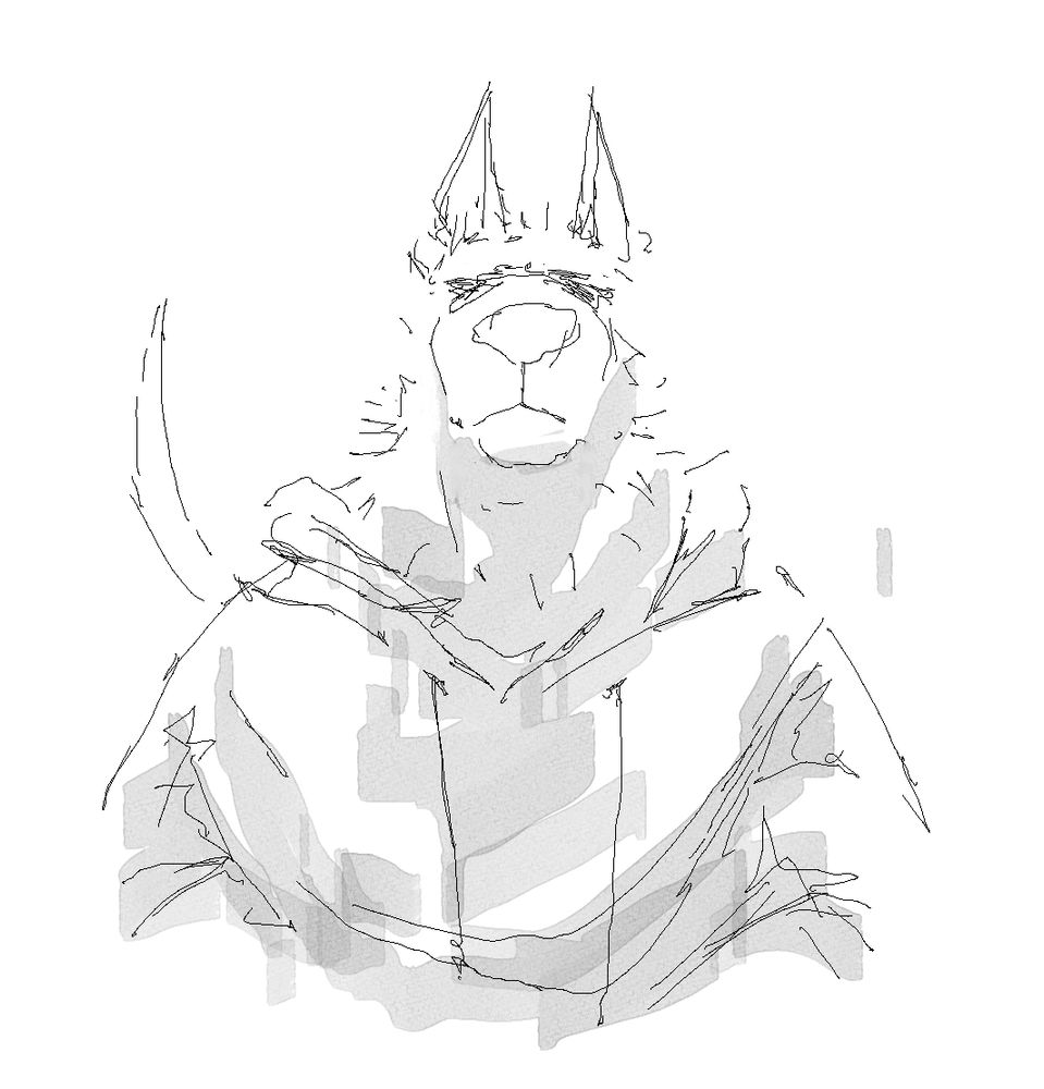 binary brush drawing of rus looking straight forward and looking very tired
