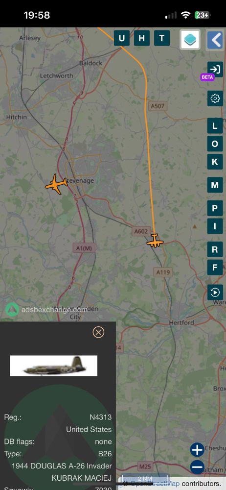 B26 aircraft track on a tracing app