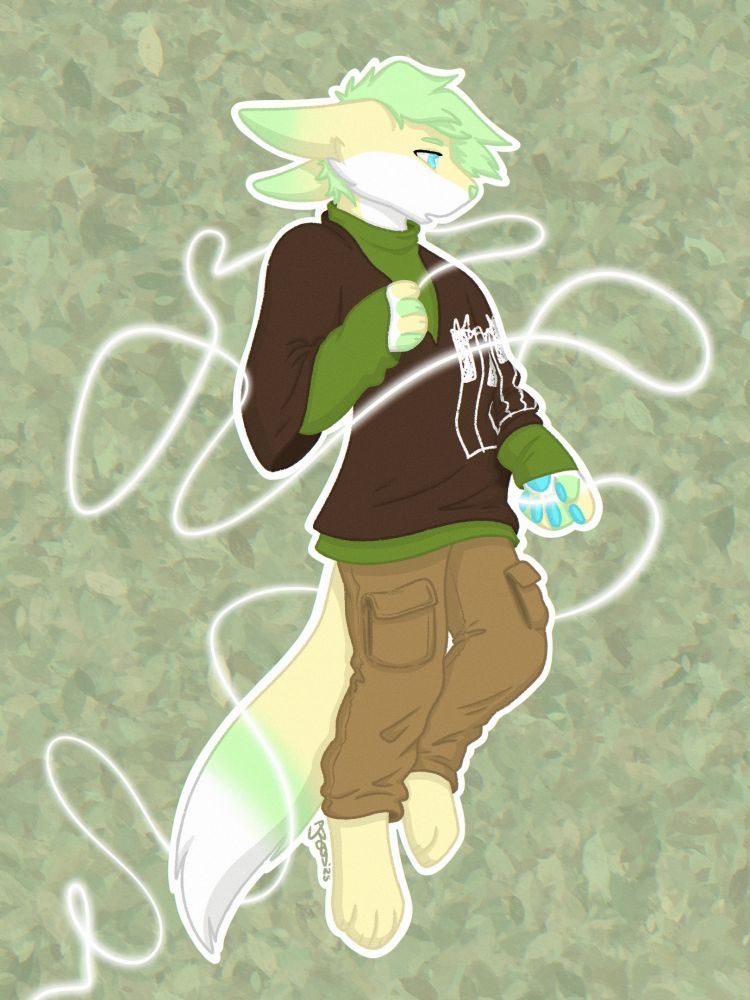 Digital drawing of Inochi, a pale yellow, pale gree and white fennec fox. He's wearing Po-utas outfit and manipulating a glowing 'thread' around himself. He is floating on air