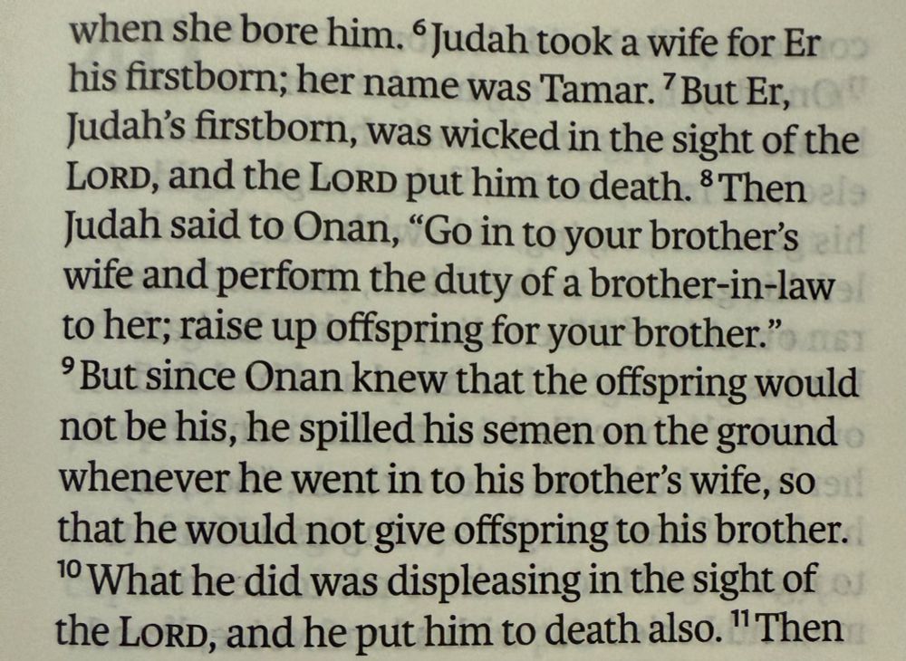 Judah took a wife for Er his firstborn; her name was Tamar. But Er, Judah’s firstborn, was wicked in the sight of the Lord, and the Lord put him to death. Then Judah said to Onan, “Go in to your brother’s wife and perform the duty of a brother-in-law to her; raise up offspring for your brother.” But since Onan knew that the offspring would not be his, he spilled his semen on the ground whenever he went in to his brother’s wife, so that he would not give offspring to his brother. What he did was displeasing in the sight of the Lord, and he put him to death also.