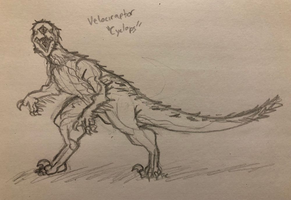 mutated Velociraptor dinosaur with one eye in the center of its head