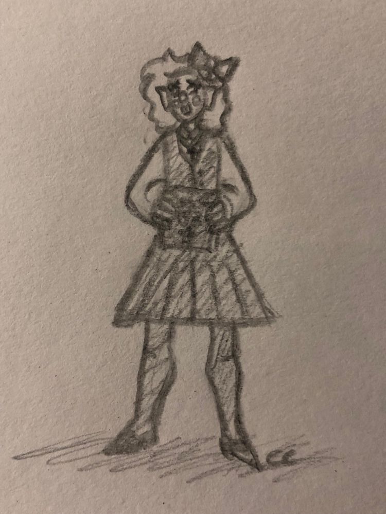 Pencil sketch of my clown OC Cotton, as a young girl wearing a Christian school uniform and clutching a Holy Bible in her hands