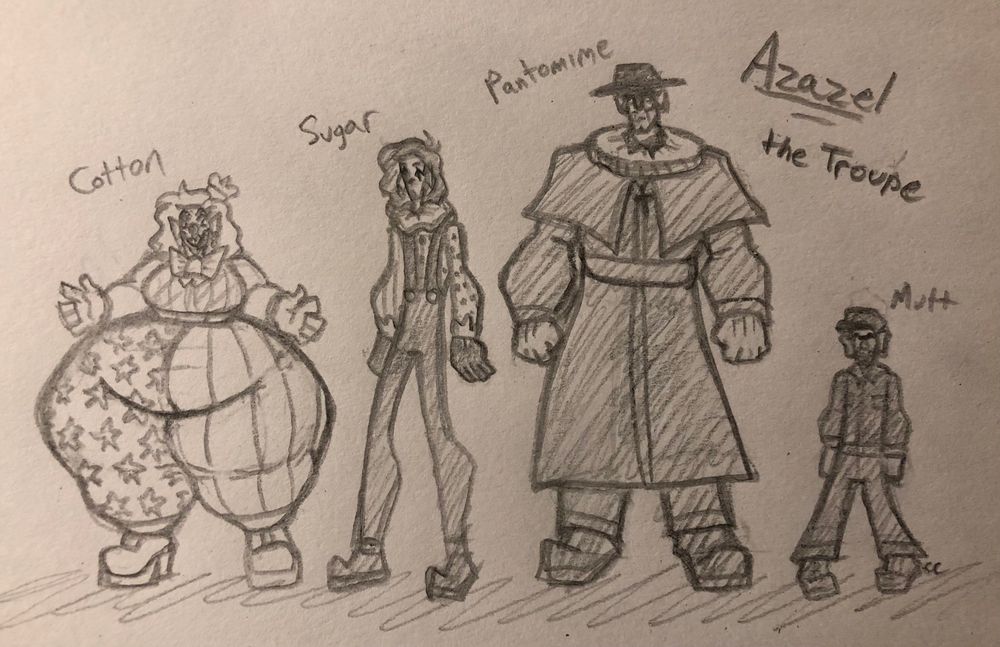 Sketch drawing of the four main clown characters of Azazel, from left to right: Claudette “Cotton” Candy, Sugar Miele, Reverend Bologna Pantomime, and Mutt H. Dogman