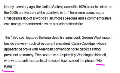     Nov. 9, 2025

Nearly a century ago, the United States paused its 1920s roar to celebrate the 150th anniversary of the country’s birth. There were speeches, a Philadelphia flop of a World’s Fair, more speeches and a commemorative coin mostly remembered now as a numismatic misfire.

The 1926 coin featured the long-dead first president, George Washington, beside the very-much-alive current president, Calvin Coolidge, whose appearance broke with American convention not to depict a sitting president on money. The custom was inspired by Washington himself, who was so anti-monarchical he could have coined the phrase “No Kings.”

The Washington-Coolidge half-dollar is the only American coin to feature a sitting president. But not for long.

more on link
https://www.nytimes.com/2025/11/09/us/trump-commemorative-coin.html