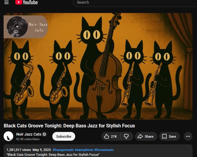  Tracklist
00:00 Velvet Paw Stroll
03:51 Catnap in the Groove
07:51 Jazz Whiskers
10:33 Midnight Purrformers
12:35 Swingin' Catwalk
14:12 Stray Rhythm
17:36 Sax in the Alley
20:02 Tail of the Bassline
22:17 The Cat's Tempo
23:36 Lounge Panther
25:39 Cool Claw Shuffle
28:46 Meow in Blue
31:00 Feline Flow
33:43 Night Paws Serenade
36:59 Whisker Vibes
40:10 Nocturne for Nine Lives
42:07 Deep Bass Tails
45:13 Purrfect Timing
48:59 Slick Whiskers
50:30 Cat Groove Confidential
53:45 Mellow Tabby Mood
56:21 Bassline on Soft Paws
58:11 Shadow Cats Jam
01:02:05 Repeat