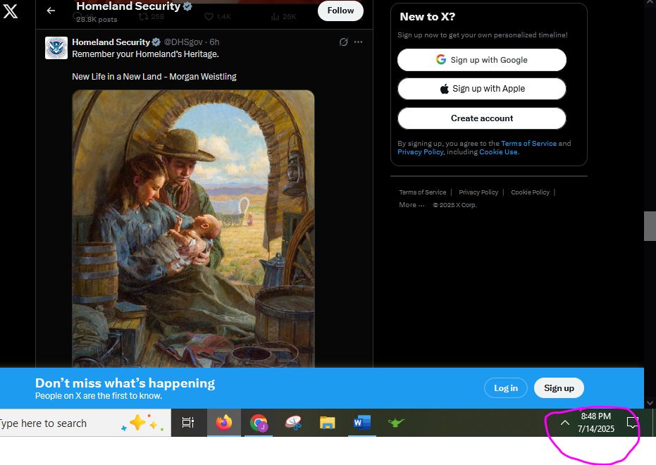 screenshot of https://x.com/DHSgov/status/1944875154745778525 Square profile picture Homeland Security @DHSgov Remember your Homeland’s Heritage. New Life in a New Land - Morgan Weistling white man and women inside covered wagon with white baby outside shows another covered wagon 