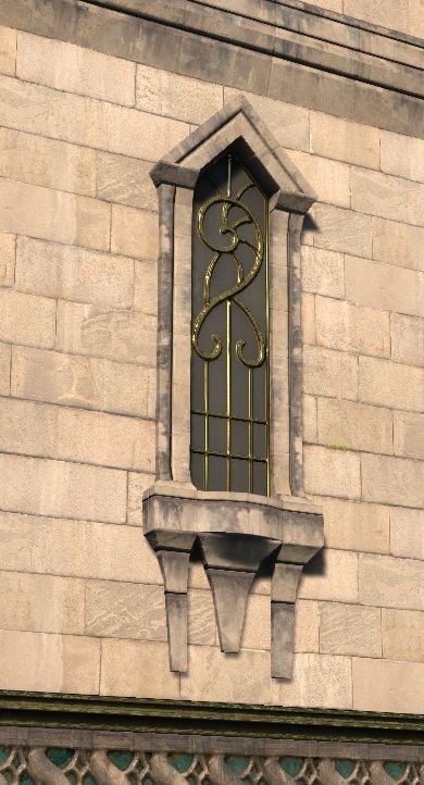 Snippet of a screenshot from Final Fantasy XIV - a window pane with inlay that looks vaguely phallic.