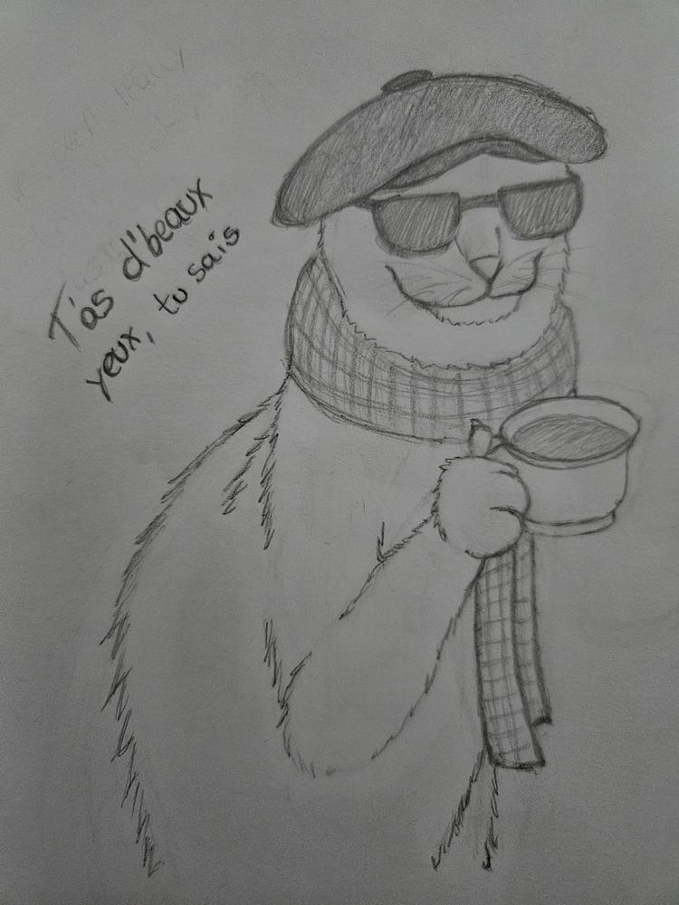 Desenho de um gato sentado tomando café, usando óculos escuro, um cachecol xadrez no pescoço e uma boina francesa.