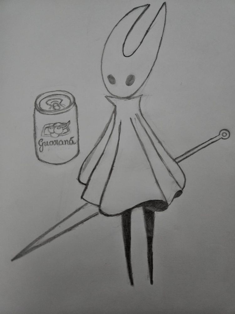 Desenho da personagem Hornet; protagonista do jogo Hollow Knight: Silk Song. Aula lado esquerdo da personagem está o desenho de uma lata do refrigerante Guaraná Antartica.