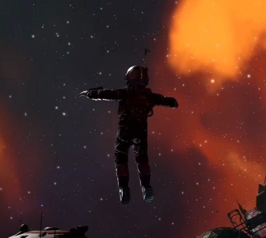Captura de tela do trailer de atualização do jogo No Man's Sky. A imagem mostra um astronauta de braços abertos à deriva no espaço.
