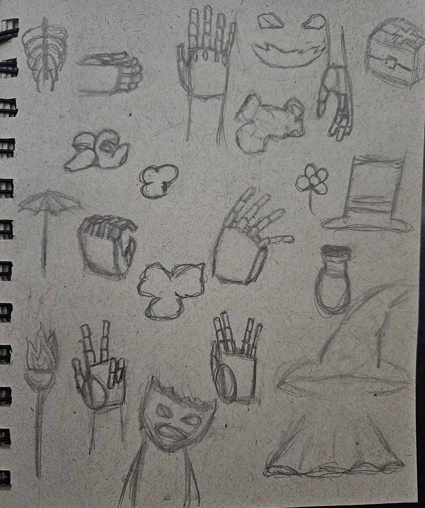 Página de caderno sem pauta com vários desenhos feitos à lápis.