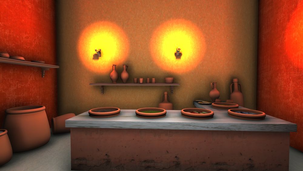 Representação digital de um pequeno cômodo iluminado por lamparinas. Sobre um balcão, recipientes com comida estão disposto, à venda.