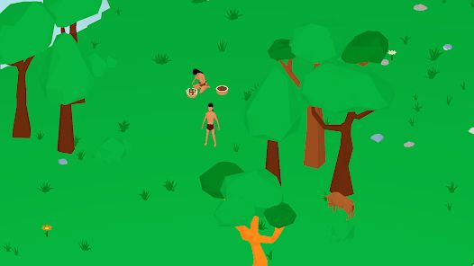 Captura de jogo eletrônico. Dois indígenas sambaquieiros coletam comida em uma floresta. 