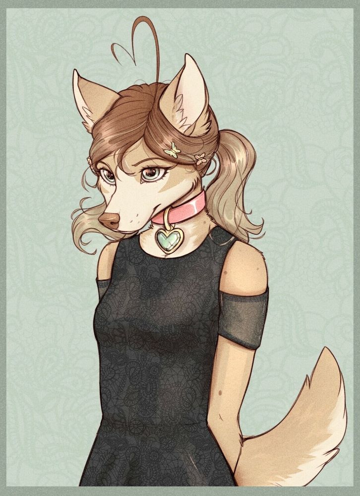 An anthro furry puppy girl. Wearing a black dress, pink collar with heart tag. She has blue eyes and light brown/blonde hair and fur. She has butterfly pins in her hair. She has white secondary colors for her fur (under tail and muzzle)