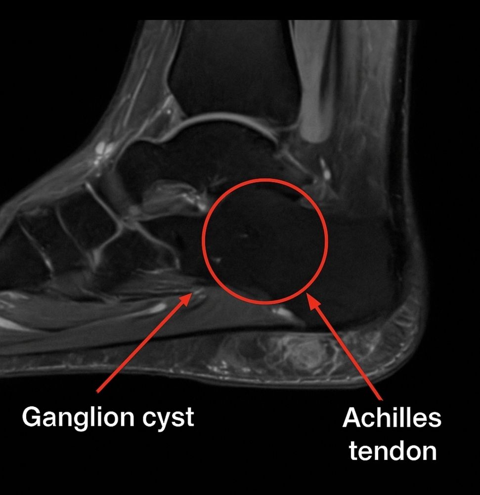 AI annotating previous image with random arrow pointing at different lesion and circle indicating Achilles tendon, nowhere near the Achilles tendon 
