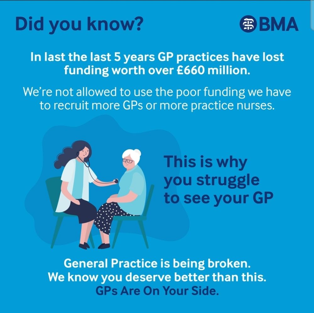 BMA
Did you know?
In the last 5 yrs gp practices have lost funding worth over £660 million
We're not allowed to use the poor funding we have to recruit more GPs or more practice nurses
This is why you struggle to see your GP
General Practice is being broken
We know you deserve better than this
GPs are on your side 