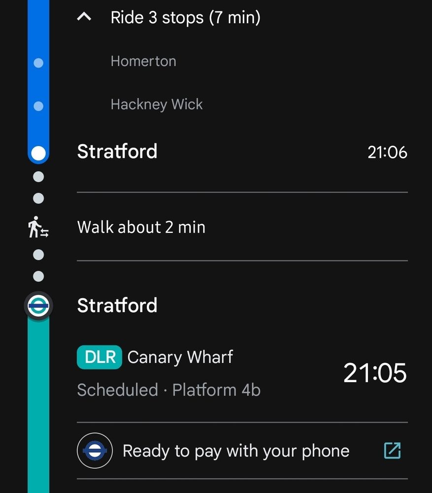 Mildmay line arr Stratford 21:06.
Walk about 2 minutes to dlr
DLR leaves at 21:05 