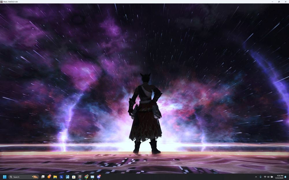 A black catboy with blue hair standing on a platform, looking at a large star in the distance. He is waiting for other people to do the final fight of Final Fantasy 14 Online's expansion, Endwalker.