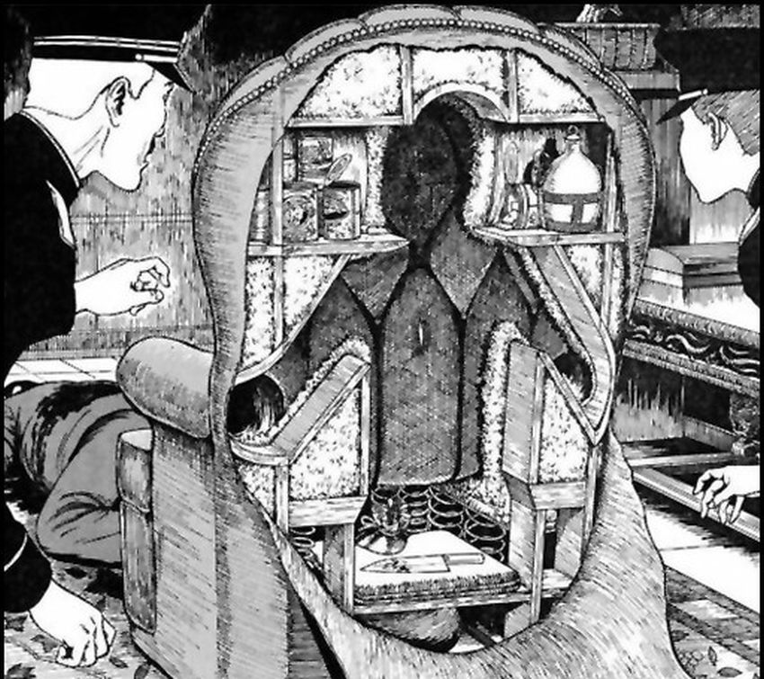 A drawing of leather chair that has been hallowed out to fit a person inside of it. From Junji Ito’s The Human Chair
