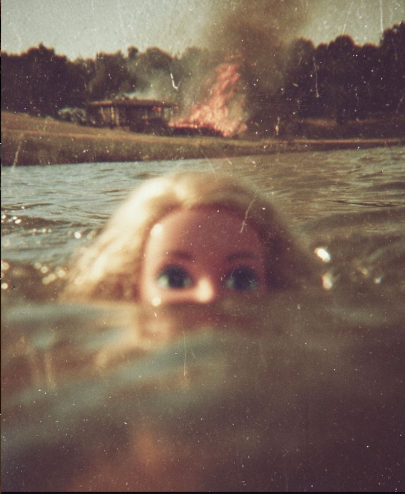 Barbie, trying to keep her head above water while a house on shore behind her sends up shooting flames.