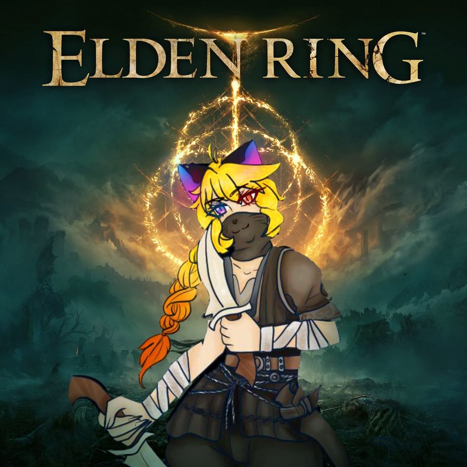 Art of Kit Khat, the digital catgirl Vtuber. She is wearing the Bandit class outfit from Elden Ring, and dual-wielding daggers. Her hair is tied back into a long braid, and there is a smiling cat mouth on her dark mask.

Behind her is the elden ring title and ringed icon, at the back of her head like a halo.