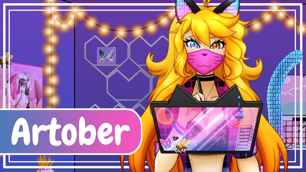 A thumbnail of Kit Khat, the digital catgirl vtuber.

She is standing in her apartment, holding her art tablet in front of her. She is smiling at the viewer.

White text on a pink and blue bubble to her left reads "Artober".