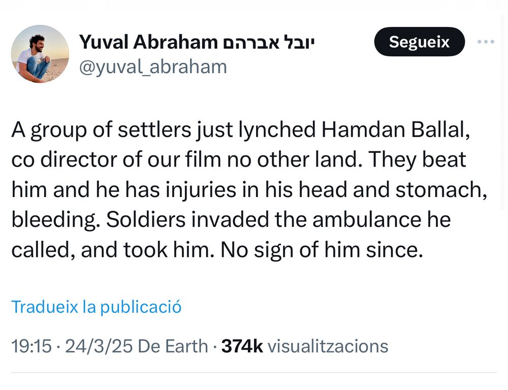 A group of settlers just lynched Hamdan Ballal, co director of our film no other land. They beat him and he has injuries in his head and stomach, bleeding. Soldiers invaded the ambulance he called, and took him. No sign of him since.
