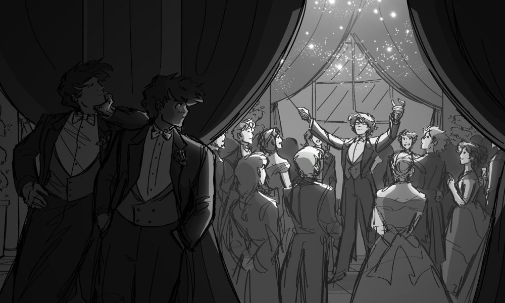 A grayscale sketch depicting a 19th century-inspired ballroom setting. In the foreground, two men are standing behind a curtain in shadow. They peer behind it to the right where a crowd is watching their friend performing. The friend has their arms raised, holding a wand in their right hand. Above them are glowing particles of light, seemingly their doing.