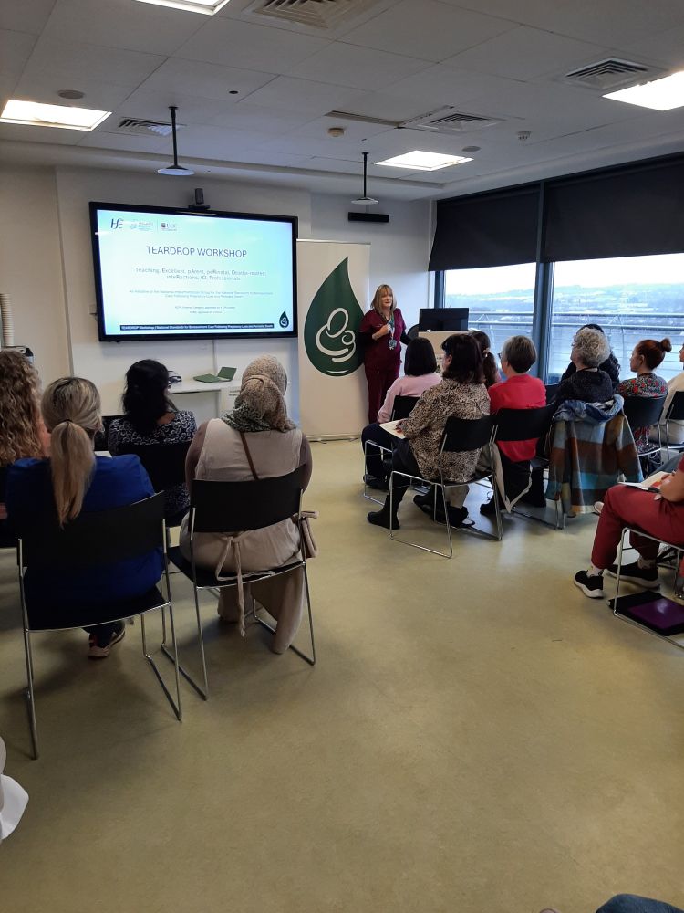 Professor Keelin O'Donoghue welcoming everyone to the TEARDROP Workshop at Cork University Maternity Hospital. Keelin is standing in a classroom facing a group of people