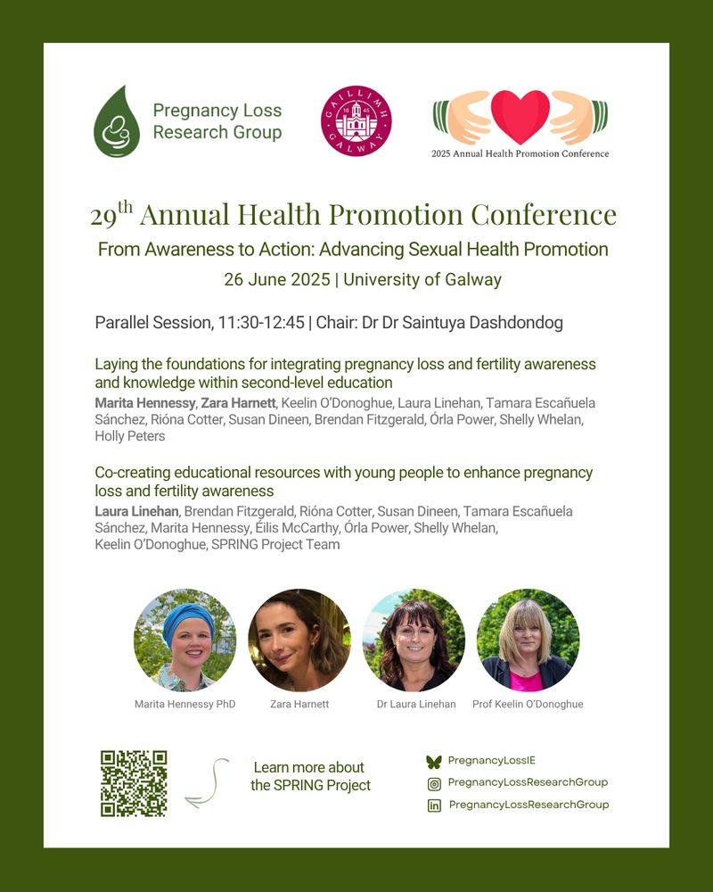 Tile with details of the Health Promotion Research Conference (name, date) and two talks that members of the PLRG will be giving. Photos of Marita Hennessy, Zara Harnett, Laura Linehan and Keelin O'Donoghue at the end, along with a QR code to the SPRING project and details of PLRG social media accounts.