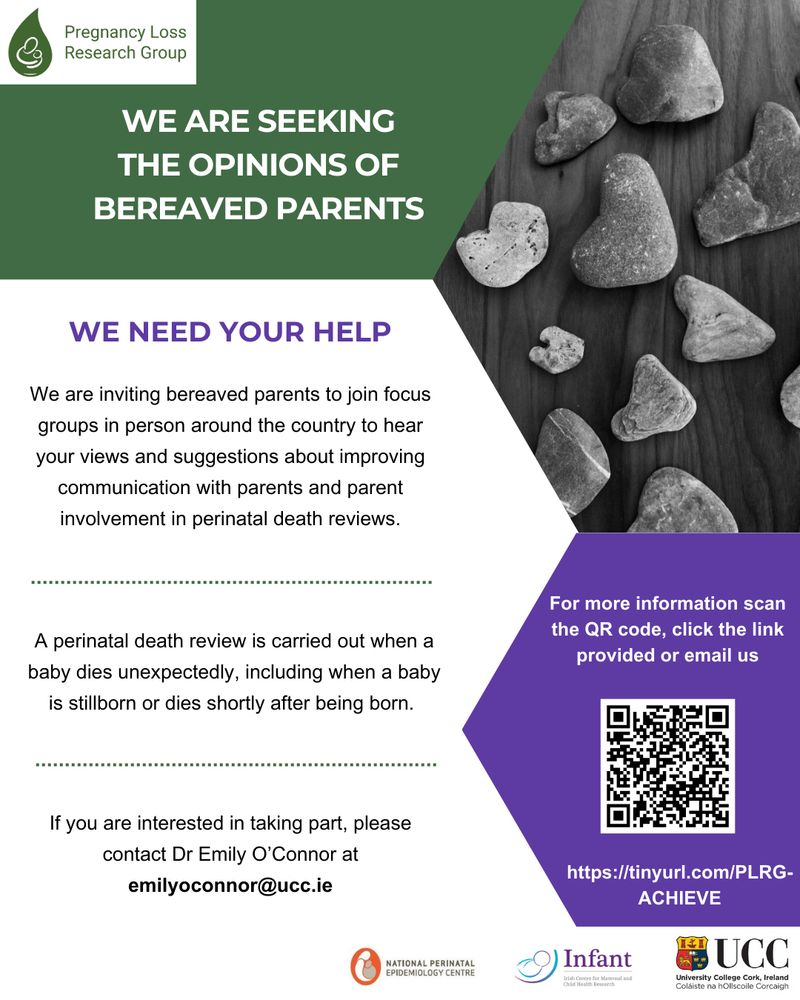 Study Flyer: Study details with a QR code to further information. PLRG, NPEC, INFANT and UCC Logos. More information at https://www.ucc.ie/en/pregnancyloss/researchprojects/achieve/parentfocusgroups/
ALT
January 31, 2025 at 8:18 AM

Everybody can reply
7 reposts
6 likes







Write your reply



Study Flyer: Study details with a QR code to further information. PLRG, NPEC, INFANT and UCC Logos. More information at https://www.ucc.ie/en/pregnancyloss/researchprojects/achieve/parentfocusgroups/
Study Flyer: Study details with a QR code to further information. PLRG, NPEC, INFANT and UCC Logos. More information at https://www.ucc.ie/en/pregnancyloss/researchprojects/achieve/parentfocusgroups/