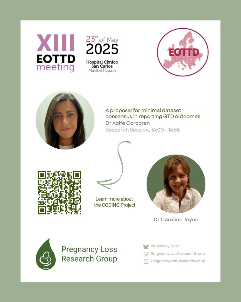 Tile with EOTTD2025 & EOTTD logos at the top, PLRG logo and contact details at the bottom. In between - profile photo of Dr Aoife Corcoran & details of her talk on the CODING project (A proposal for a Core Outcome Dataset in GTD) along with a QR code to the project page on the PLRG website. Photo of Dr Caroline Joyce who is also attending the event.