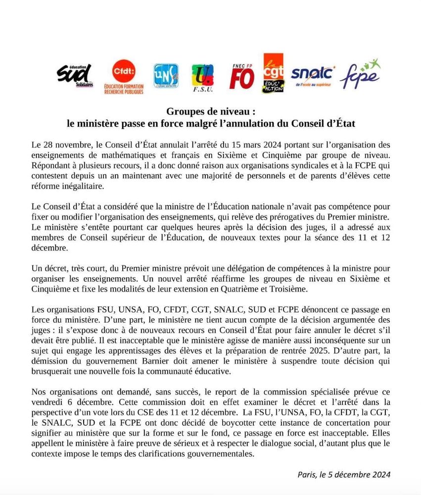 Communiqué de l'intersyndicale https://www.snes.edu/article/groupes-de-niveau-le-ministere-passe-en-force-malgre-lannulation-du-conseil-detat/
