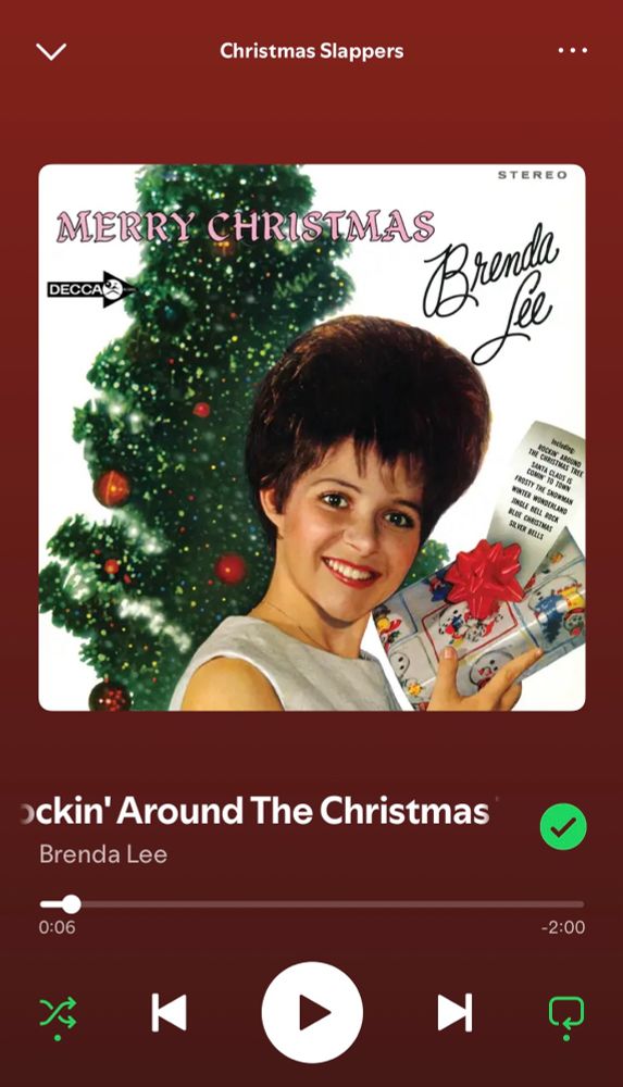 A screenshot from Spotify of Christmas classic Rockin’ Around the Christmas Tree by Brenda Lee