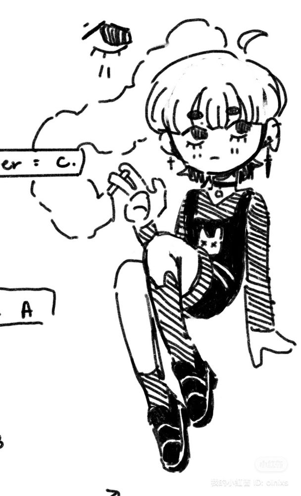 Black and white doodle of a chibi-esque girl smoking. She is sitting with her knees kind of up by her chest. 