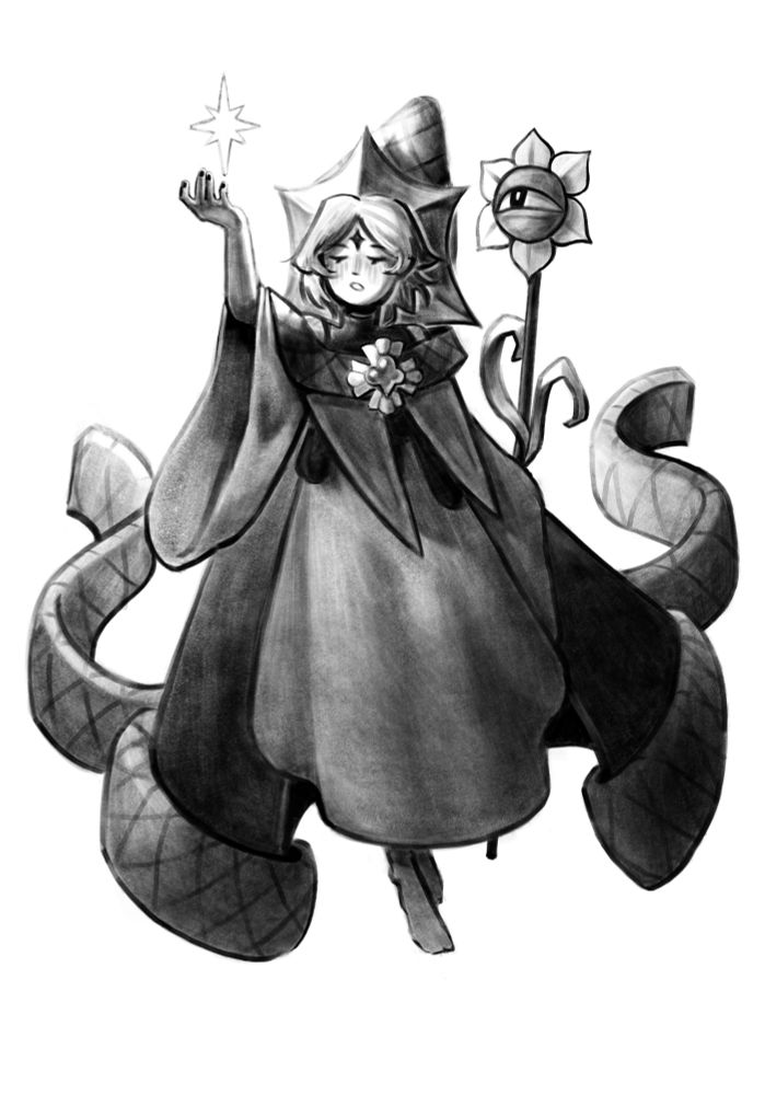 Monochromatic drawing of pure vanilla from cookie run kingdom holding a star/bright light source.