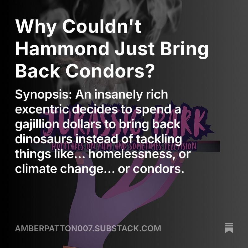 a hand holding a platter with the title of the most recent hottakes on film and sometimes television. There's smoke rising above the title along with a dinosaur in the smoke as it's a hottake on Jurassic Park. In the forefront is the title and synopsis of the hottake. My substack page link is at the bottom.