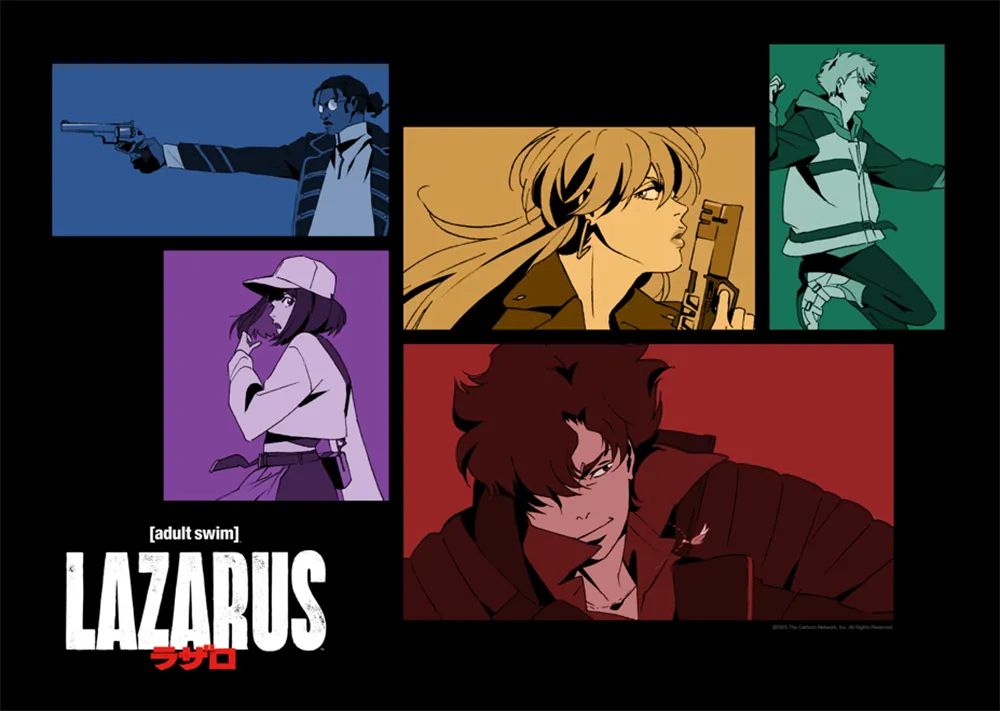 Promotional image for the new Shinichirō Watanabe series, Lazarus, featuring it's 5 main characters in 5 pop-art style monochromatic quadrants in different colors. 