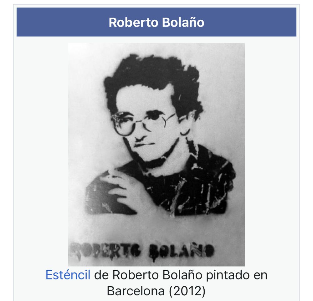 Screen shot of Roberto Bolaños wikipedia bio picture, it is a graffitied stencil of the authors likeness in black paint on a white wall 