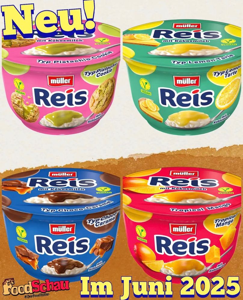 Müller milchreis mit Pistazie Cookie, Lemon Tarte, Schoko Karamell, tropical Mango.