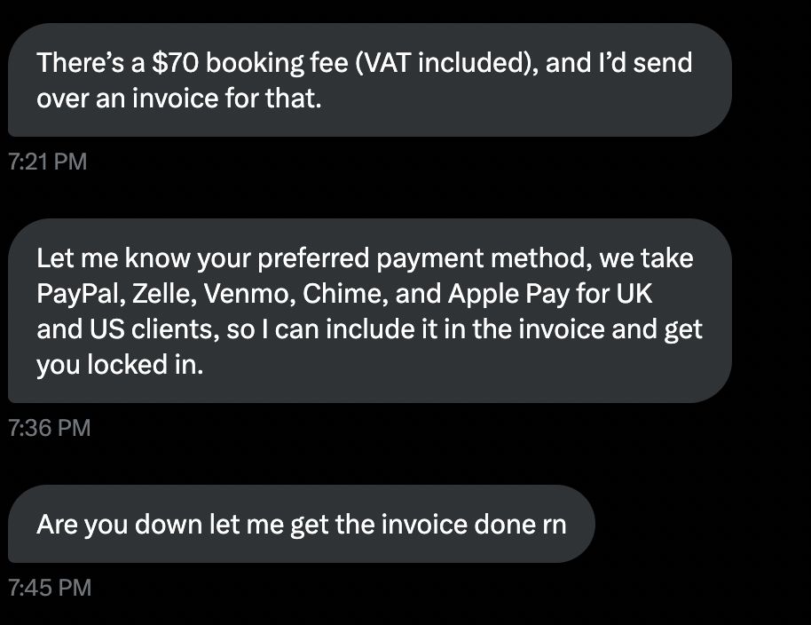 Illegitimate writer asks money for an interview.