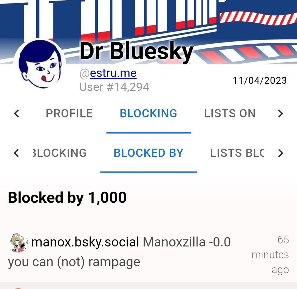 Print do clearsky mostrando que mil pessoas bloquearam o Dr Bluesky e que  a última pessoa a bloquear foi o usuário manox.bsky.social. ele tem um avatar de anime.