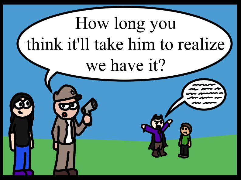 a panel from the new update, showing Kevin holding something, asking Casey "How long you think it'll take him to realize we have it?" Darkolen is in the background shouting at a kid.