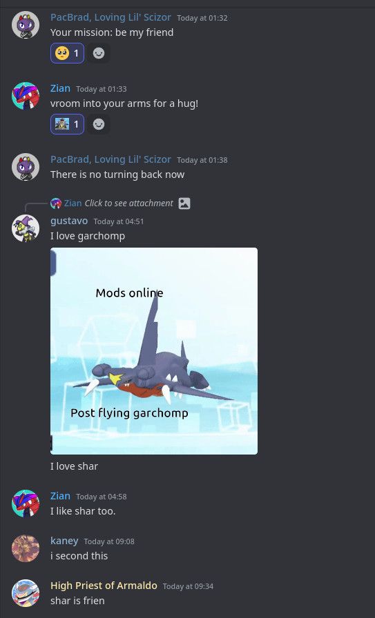 Discord screenshot showing Garchomp appreciation by an exchange of very short sentences and misspellings as a stylistic choice