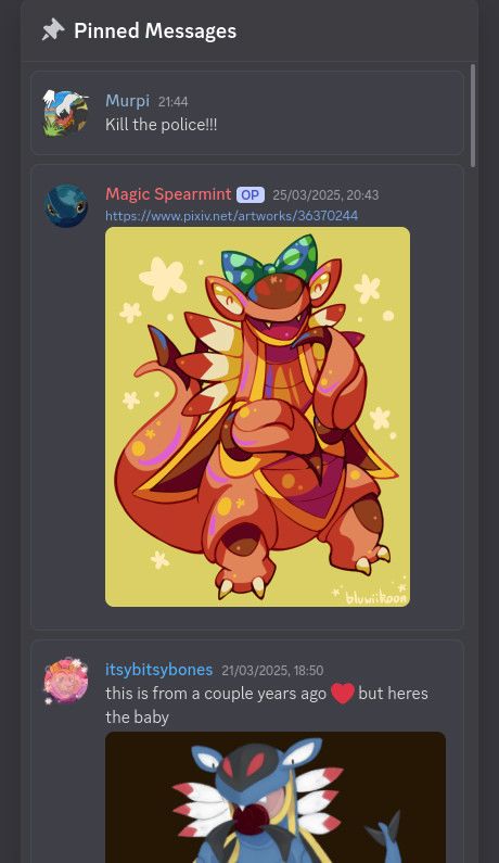 Screenshot of "Pinned Messages" from the Armaldo's Bug Lair discord server, showing two posts of Armaldo art followed by a post that simply reads "Kill the police!"